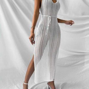 Boho White Split Hem Knitted Bathing Suit Swim Cover Up